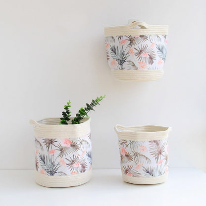 Nordic Woven Storage Basket - Green Leaf , Tropical Flowers Organizer - Just Kidding Store