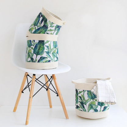 Nordic Woven Storage Basket - Green Leaf , Tropical Flowers Organizer - Just Kidding Store
