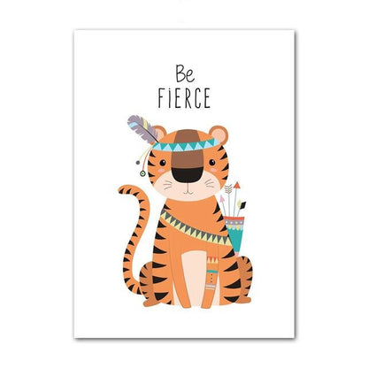 Tribal Animals Kids Canvas Wall Art - Deer Fox Bear Zebra Panda Owl Lion Tiger Squirrel - Just Kidding Store
