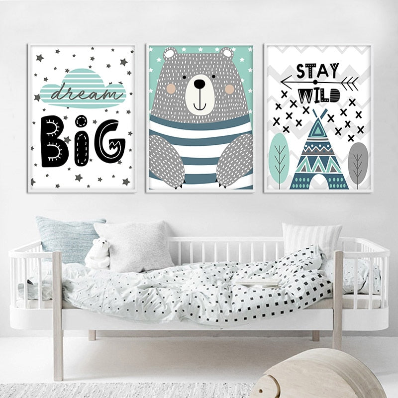 Nordic Canvas Wall Art Dream Big, Stay Wild, Bear - Just Kidding Store