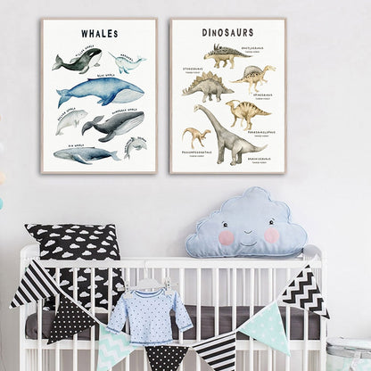 Nursery Canvas Wall Art Dinosaurs Whales Sharks - Just Kidding Store