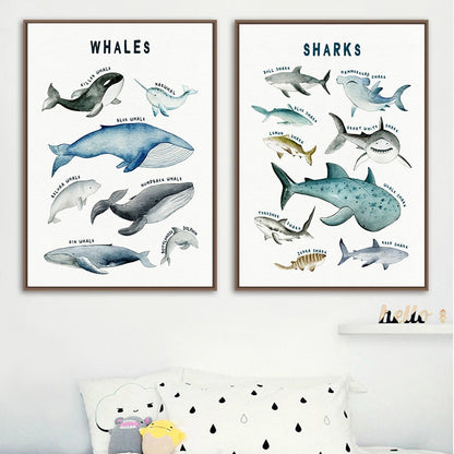 Nursery Canvas Wall Art Dinosaurs Whales Sharks - Just Kidding Store