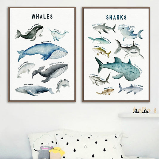 Nursery Canvas Wall Art Dinosaurs Whales Sharks - Just Kidding Store