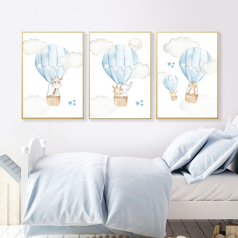 Hot Air Balloon Canvas Wall Art Childrens Posters - Just Kidding Store