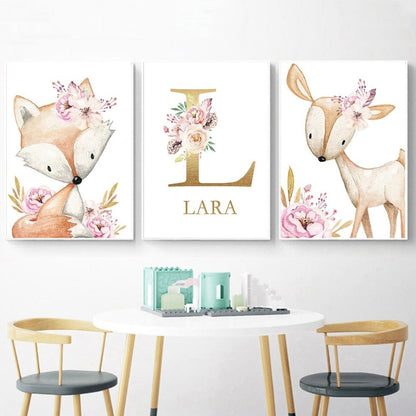 Woodland Animals Canvas Art Nursery Custom Name Wall Posters - Just Kidding Store