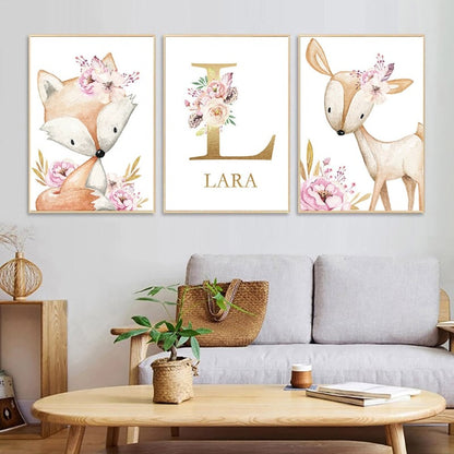 Woodland Animals Canvas Art Nursery Custom Name Wall Posters - Just Kidding Store