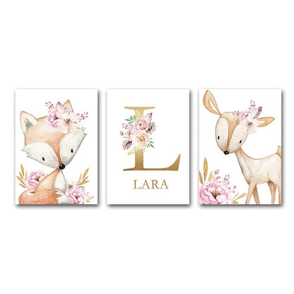Woodland Animals Canvas Art Nursery Custom Name Wall Posters - Just Kidding Store