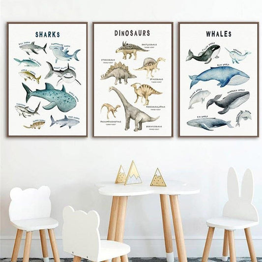 Nursery Canvas Wall Art Dinosaurs Whales Sharks - Just Kidding Store