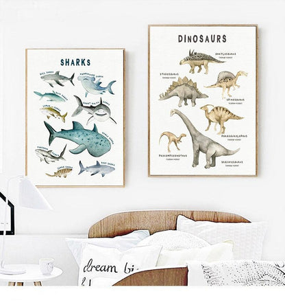 Nursery Canvas Wall Art Dinosaurs Whales Sharks - Just Kidding Store