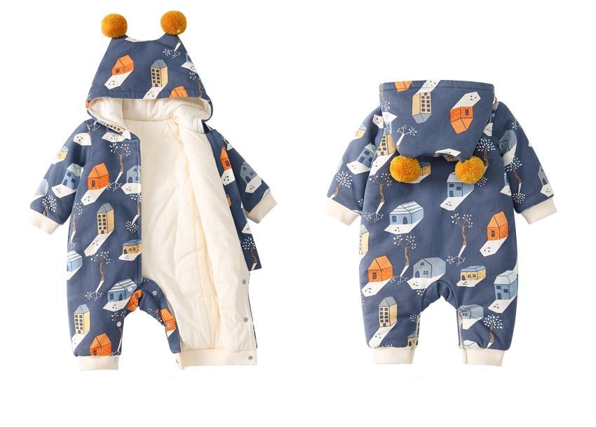 Cartoon House Baby Children Hooded Thick Quilted Winter Romper - Just Kidding Store