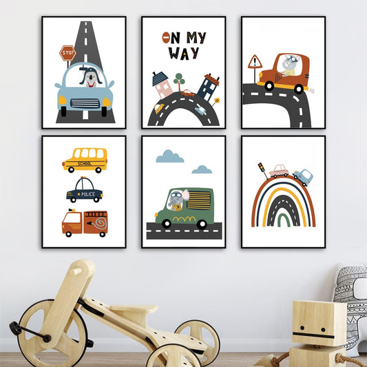 Cars And Truck Road Nursery Bedroom Canvas Wall Art - Just Kidding Store