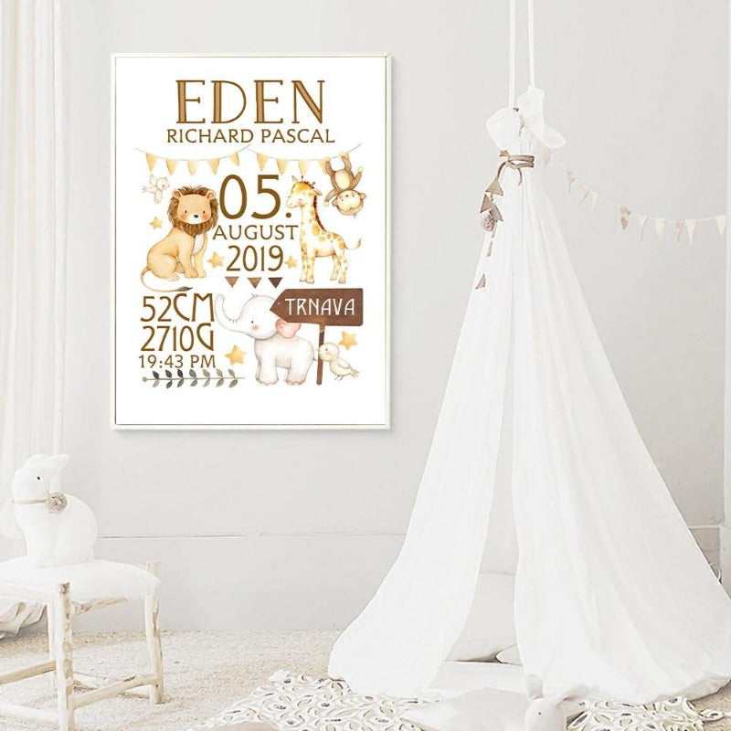 Custom Baby Birth Stats Canvas Wall Art - Personalized Nursery Poster