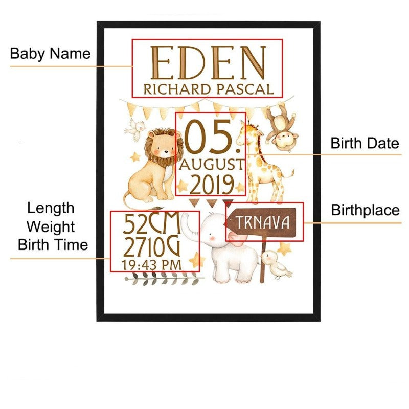 Custom Baby Birth Stats Canvas Wall Art - Personalized Nursery Poster