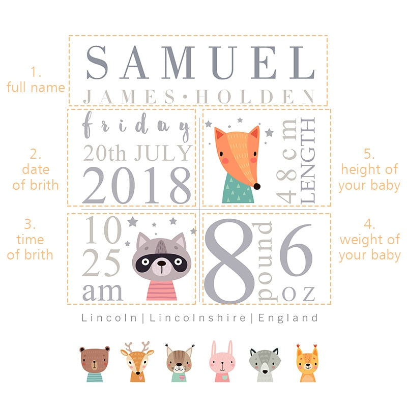 Woodland Animals Personalised Birth Details Canvas Wall Art- Just Kidding Store