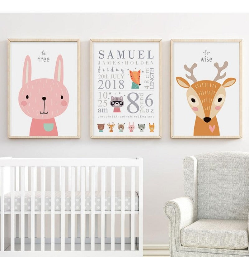 Woodland Animals Personalised Birth Details Canvas Wall Art- Just Kidding Store