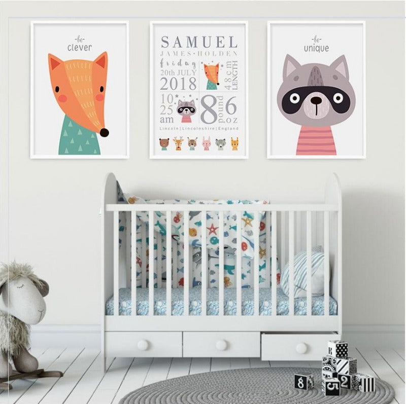 Woodland Animals Personalised Birth Details Canvas Wall Art- Just Kidding Store