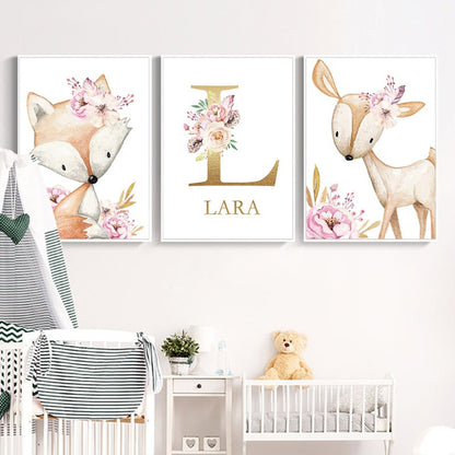 Woodland Animals Canvas Art Nursery Custom Name Wall Posters - Just Kidding Store