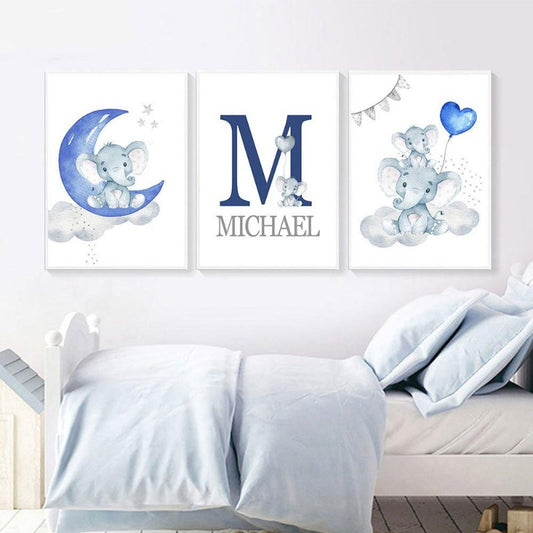 Blue Moon Elephant Balloon Canvas Art - Custom Name Wall Posters - Just Kidding Store