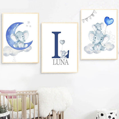 Blue Moon Elephant Balloon Canvas Art - Custom Name Wall Posters - Just Kidding Store