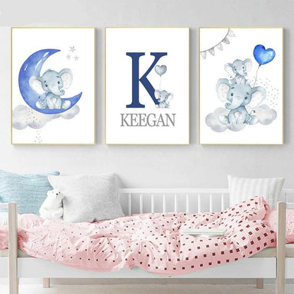 Blue Moon Elephant Balloon Canvas Art - Custom Name Wall Posters - Just Kidding Store