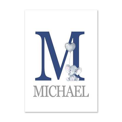 Blue Moon Elephant Balloon Canvas Art - Custom Name Wall Posters - Just Kidding Store