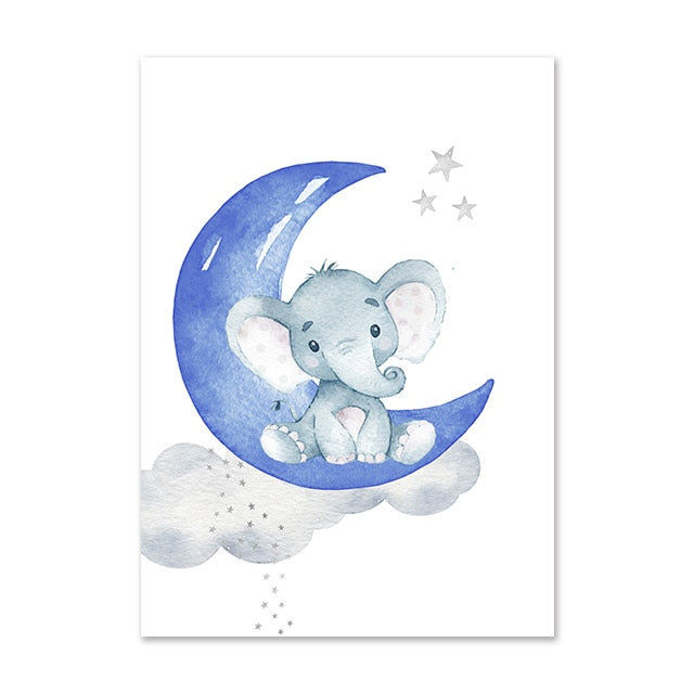 Blue Moon Elephant Balloon Canvas Art - Custom Name Wall Posters - Just Kidding Store