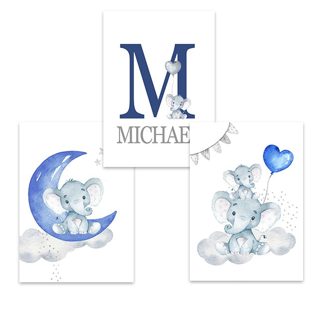Blue Moon Elephant Balloon Canvas Art - Custom Name Wall Posters - Just Kidding Store