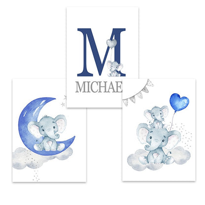 Blue Moon Elephant Balloon Canvas Art - Custom Name Wall Posters - Just Kidding Store