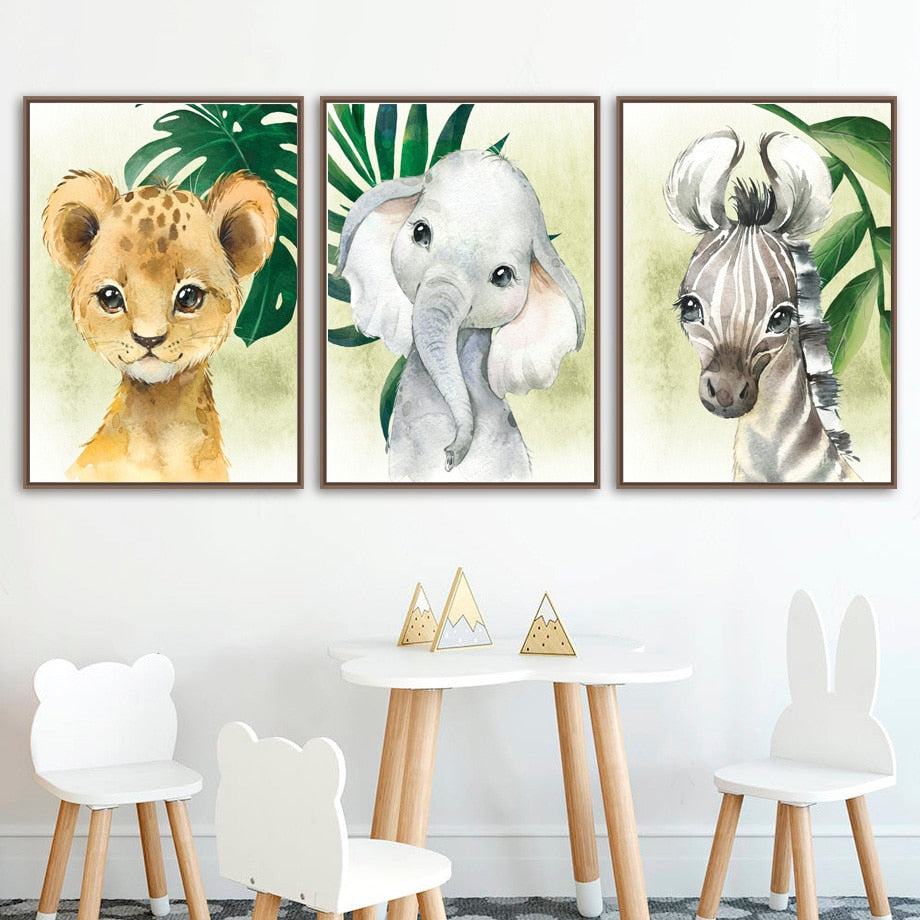 Watercolor Safari Animals Canvas Wall Art - Tropical Jungle Posters
