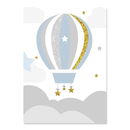 Blue Hot Air Balloon Clouds Stars - Custom Name Canvas Art - Just Kidding Store