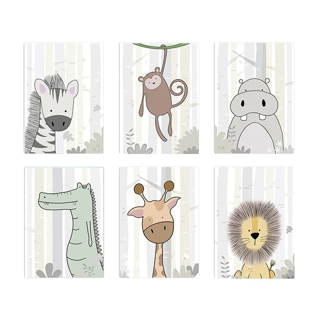 Nursery Canvas Wall Art - Zebra, Hippo, Giraffe, Lion, Crocodile, Monkey - Just Kidding Store