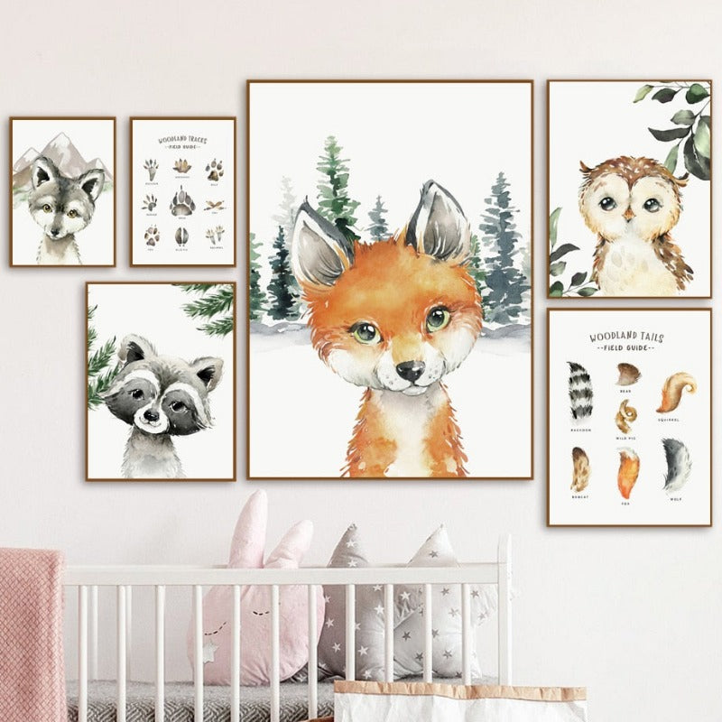 Forest Animals Canvas Prints Fox Raccoon Owl Wolf - Just Kidding Store