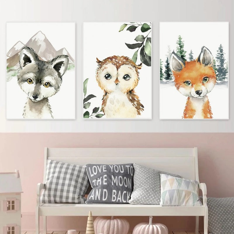 Forest Animals Canvas Prints Fox Raccoon Owl Wolf - Just Kidding Store