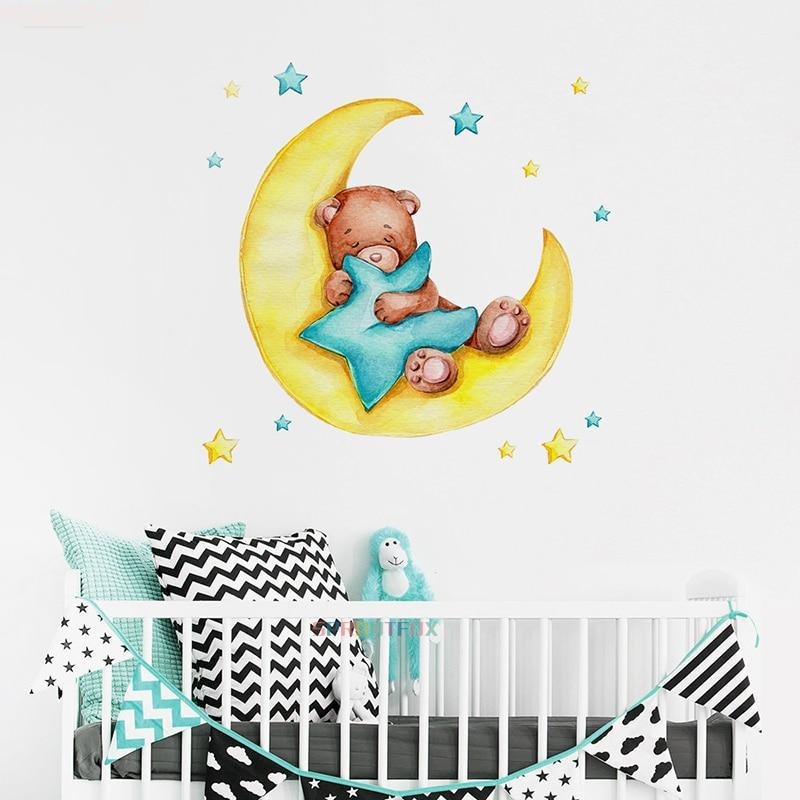 Teddy Bear Moon Stars Wall Decal Nursery Stickers - Just Kidding Store