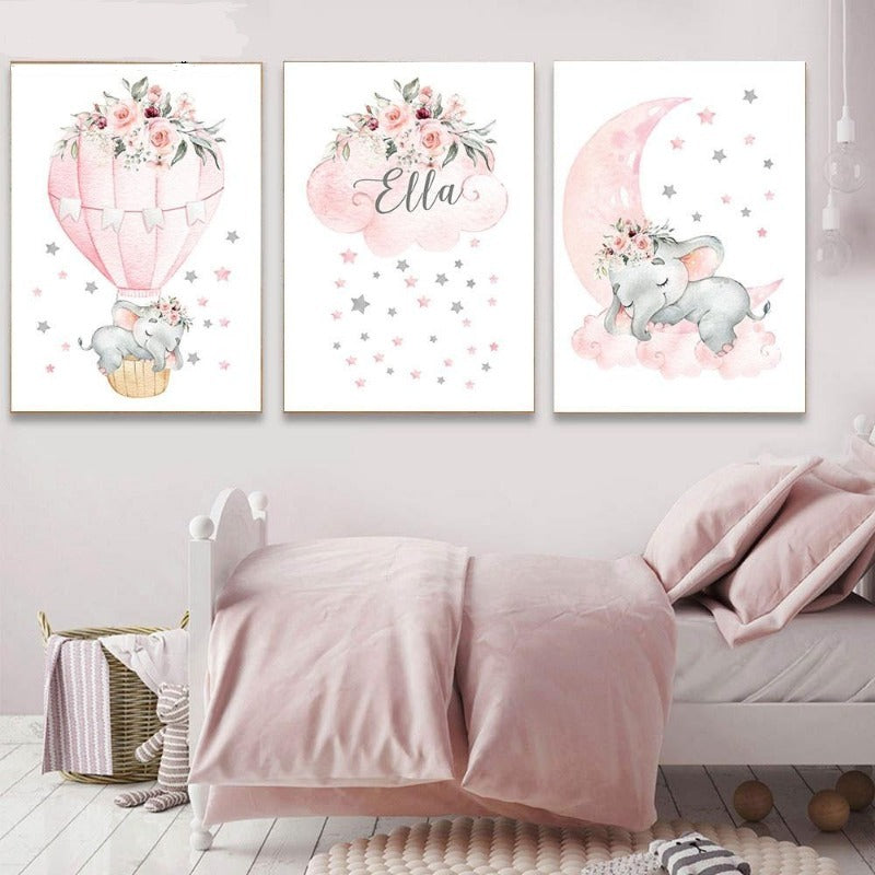 Pink Moon Elephant Balloon Canvas Art Custom Name Wall Posters -  Just Kidding Store
