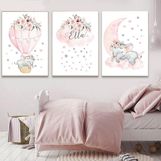 Pink Moon Elephant Balloon Canvas Art Custom Name Wall Posters -  Just Kidding Store