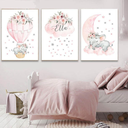 Pink Moon Elephant Balloon Canvas Art Custom Name Wall Posters -  Just Kidding Store
