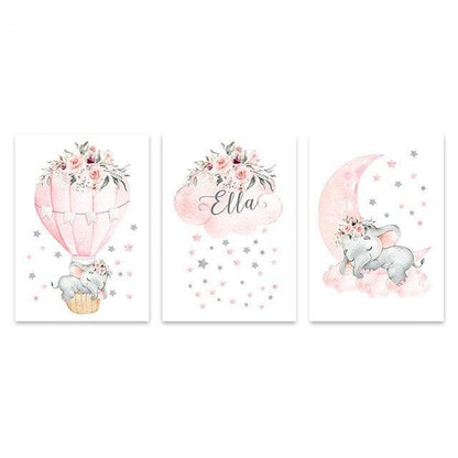 Pink Moon Elephant Balloon Canvas Art Custom Name Wall Posters -  Just Kidding Store