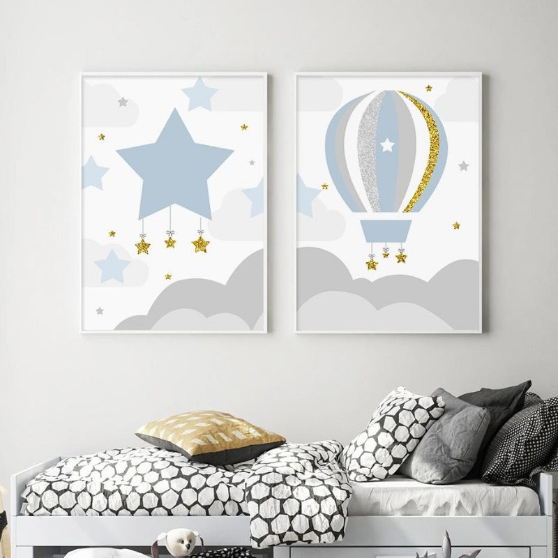 Blue Hot Air Balloon Clouds Stars - Custom Name Canvas Art - Just Kidding Store