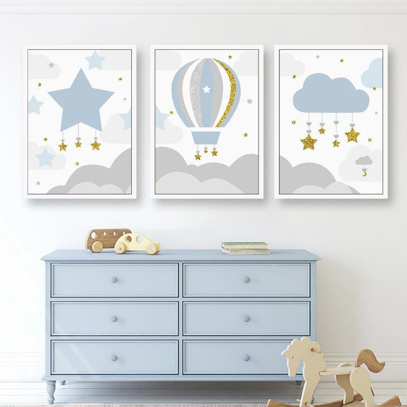 Blue Hot Air Balloon Clouds Stars - Custom Name Canvas Art - Just Kidding Store