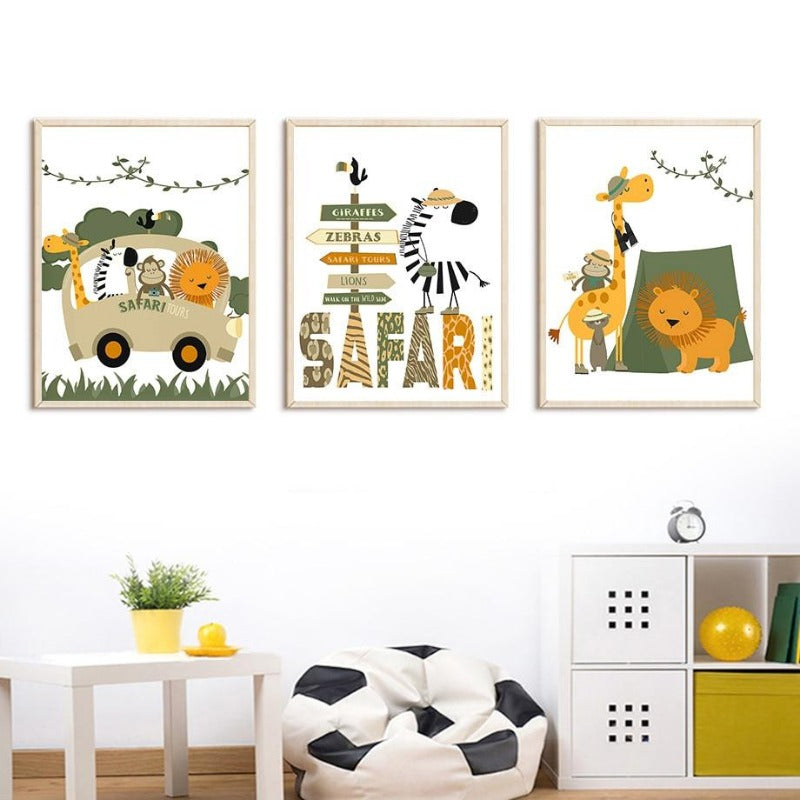 Safari Trip Canvas Posters - Wild Animals Wall Prints - Just Kidding Store