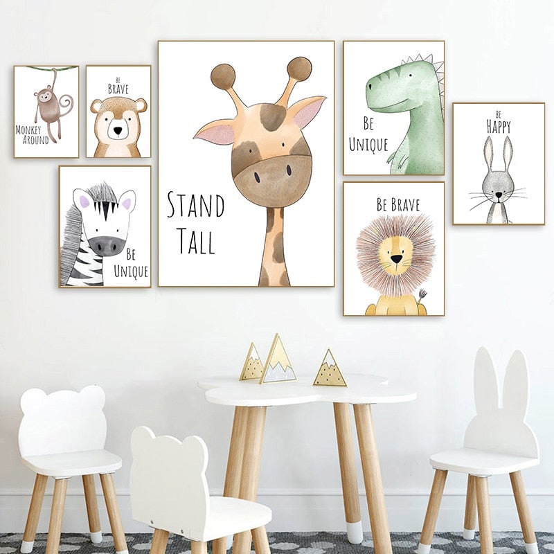 Watercolor Canvas Wall Art - Fox, Dino, Raccoon, Bear, Rabbit - Just Kidding Store