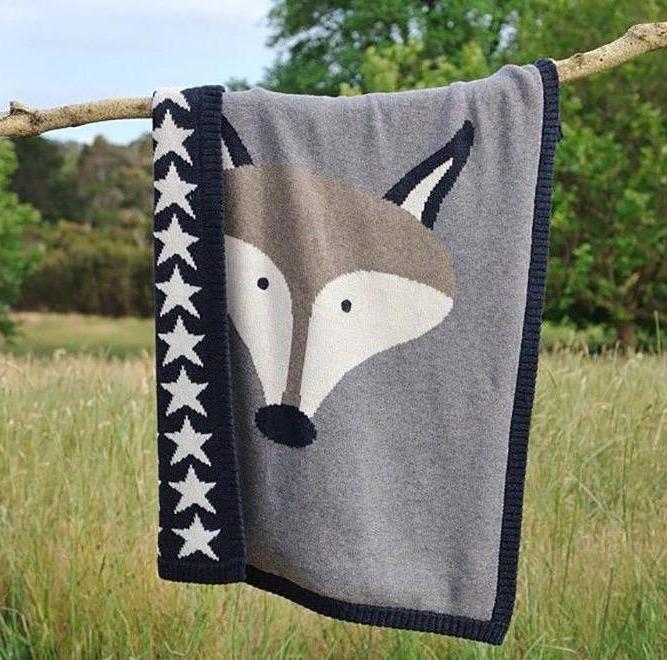 Kids Cotton Knitted Blanket  - Reversible Throw Blanket - Fox
