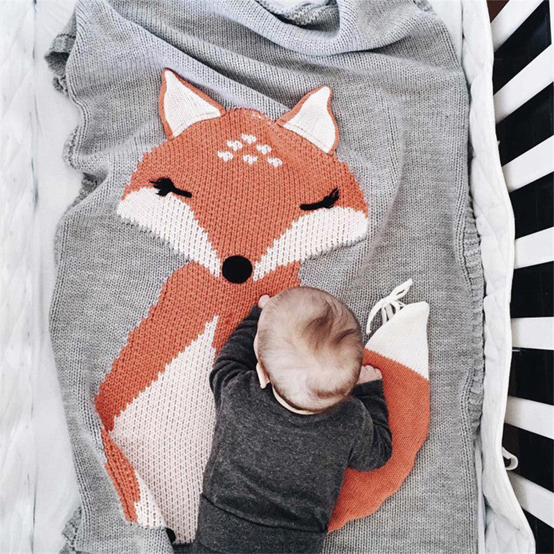 Fox Soft Knitted Fox Baby Kids Blanket - Beige/Gray/Light Gray