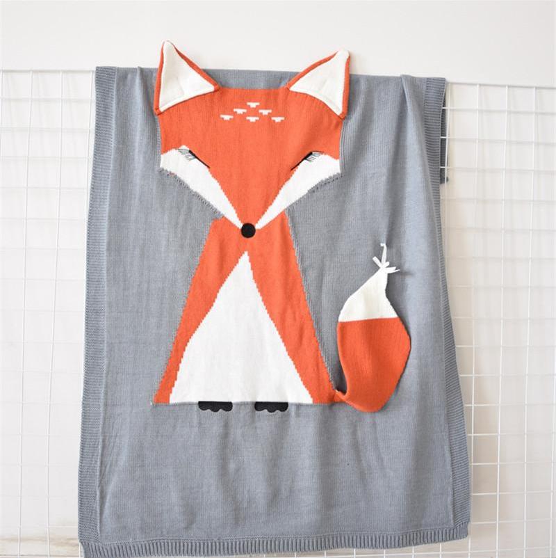 Fox Soft Knitted Fox Baby Kids Blanket - Beige/Gray/Light Gray