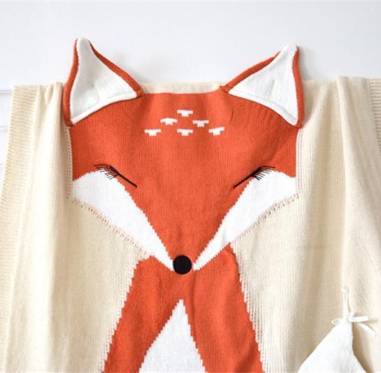 Fox Soft Knitted Fox Baby Kids Blanket - Beige/Gray/Light Gray
