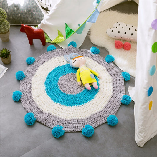 Hand Made Round Floor Kids Play Mat - Pop Pom Carpet - Just Kidding St...
