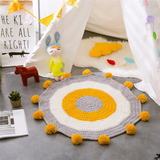 Hand Made Round Floor Kids Play Mat - Pop Pom Carpet - Just Kidding St...