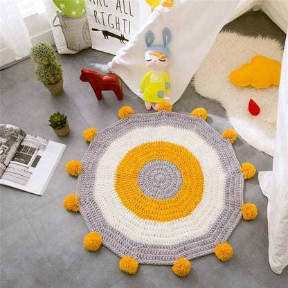 Hand Made Round Floor Kids Play Mat - Pop Pom Carpet - Just Kidding St...