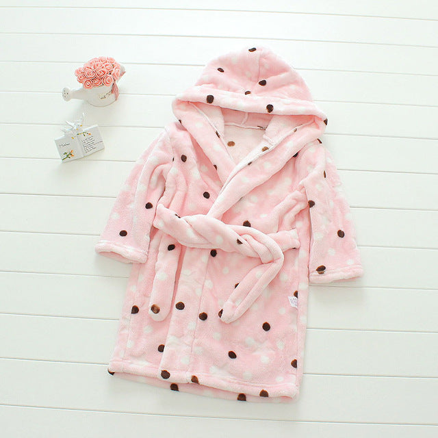 Plush Hooded Bathrobe - Kids Fleece Nightgown - Pink Dots - Just Kidding